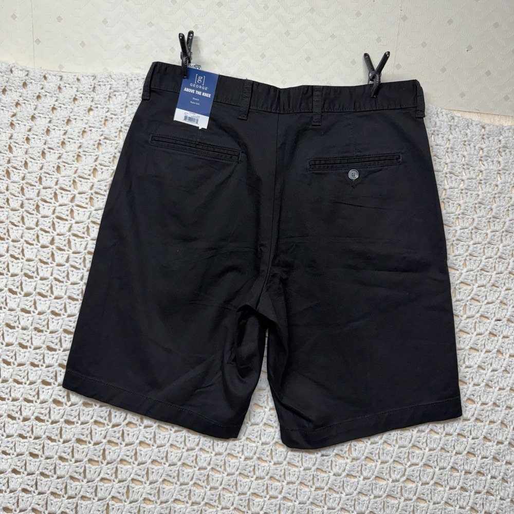 George Twill Chino Shorts, Men Sz 32 Black Flat Front Relaxed Fit Above The Knee